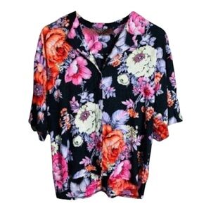 4/$45 AFFIRMATIVE  Vintage Black Colorful Floral Short Sleeve Button Up Top sz14